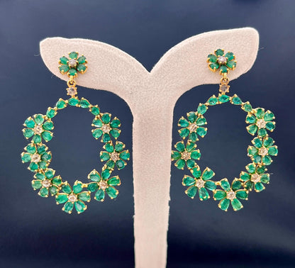 14k Gold Natural Zambian Emerald & Rose Cut Diamond Earrings - 15.62 Carats Emerald, 1.54 Carats Diamond Victorian Hoop Earrings