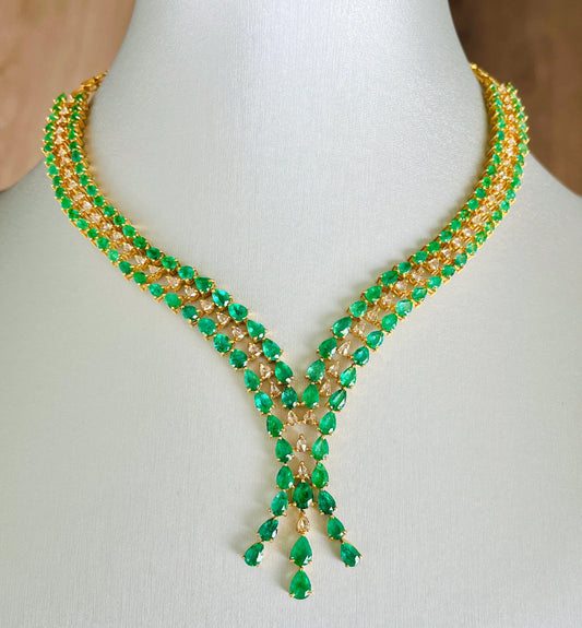14k Gold Natural Zambian Emerald & Rose Cut Diamond Necklace - 25.94 Carats Emerald, 3.4 Carats Diamond Victorian Necklace