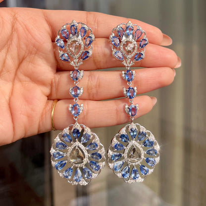 14k Gold Natural Blue Sapphire & Diamond Earrings - 19.5 Carats Sapphire, 3.74 Carats Diamond Victorian Earrings