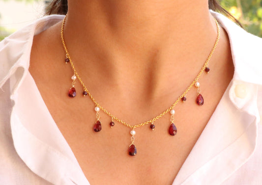 Garnet And Pearl Necklace - 925 Sterling Silver Jewelry