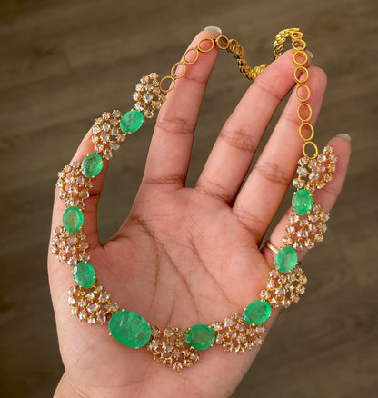 14k Gold Natural Zambian Emerald & Rose Cut Diamond Necklace - 26.73 Carats Emerald, 14.88 Carats Diamond Victorian Necklace