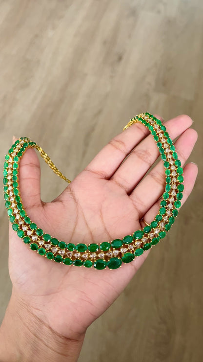 14k Gold Natural Zambian Emerald & Rose Cut Diamond Necklace - 32.97 Carats Emerald, 6.14 Carats Diamond Victorian Necklace