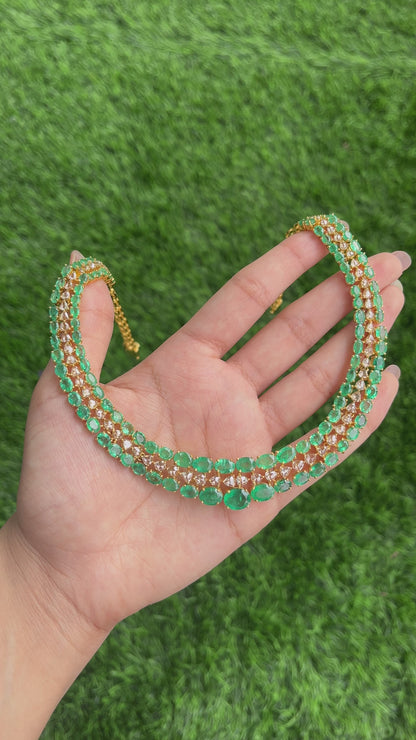 14k Gold Natural Zambian Emerald & Rose Cut Diamond Necklace - 32.7 Carats Emerald, 6.45 Carats Diamond Victorian Necklace