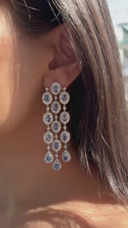 14k Gold Natural Blue Sapphire & Diamond Earrings - 13.78 Carats Sapphire, 7.53 Carats Diamond Art Deco Earrings