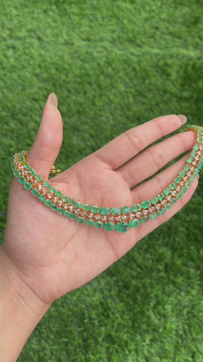 14k Gold Natural Zambian Emerald & Rose Cut Diamond Necklace - 32.7 Carats Emerald, 6.45 Carats Diamond Victorian Necklace