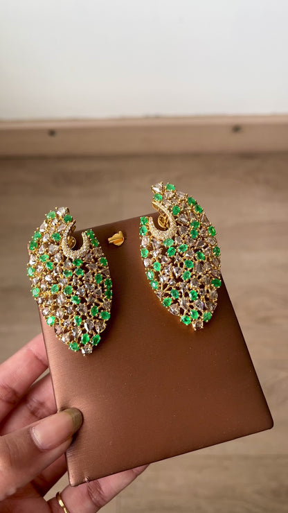 14k Gold Natural Zambian Emerald & Rose Cut Diamond Earrings - 9.09 Carats Emerald, 13 Carats Diamond Victorian Earrings