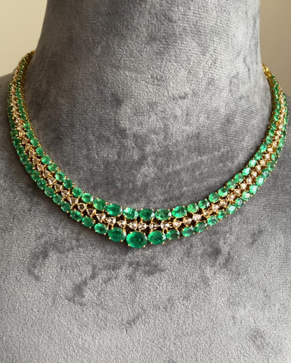 14k Gold Natural Zambian Emerald & Rose Cut Diamond Necklace - 32.7 Carats Emerald, 6.45 Carats Diamond Victorian Necklace
