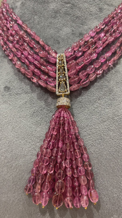 14K Gold Pink Tourmaline & Diamond Beaded Tassel Necklace