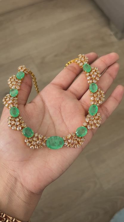 14k Gold Natural Zambian Emerald & Rose Cut Diamond Necklace - 26.73 Carats Emerald, 14.88 Carats Diamond Victorian Necklace