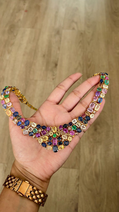 14k Gold Natural Sapphire, Emerald & Rose Cut Diamond Necklace - 96.25 Carats Sapphire, 7.36 Carats Emerald, 6.75 Carats Diamond Avant Garde Necklace