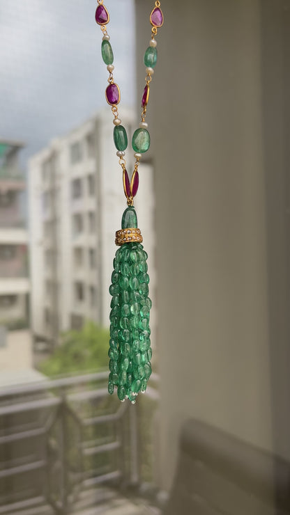 14k Gold Natural Zambian Emerald, Ruby & Rose Cut Diamond Boho Victorian Beaded Tassel Necklace