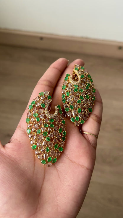 14k Gold Natural Zambian Emerald & Rose Cut Diamond Earrings - 9.09 Carats Emerald, 13 Carats Diamond Victorian Earrings