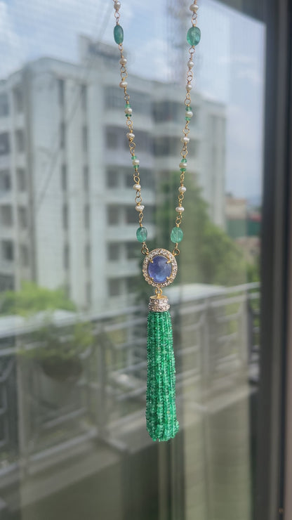 14k Gold Natural Zambian Emerald, Tanzanite, Pearl & Rose Cut Diamond Boho Victorian Beaded Tassel Necklace
