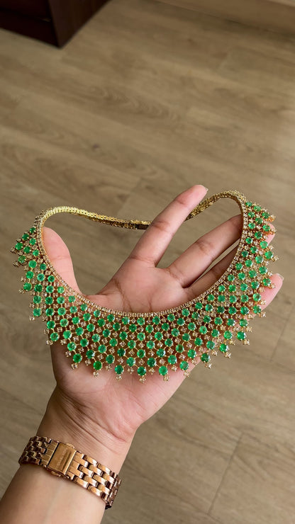 14k Gold Natural Zambian Emerald & Rose Cut Diamond Necklace - 46.75 Carats Emerald, 24.43 Carats Diamond Victorian Necklace