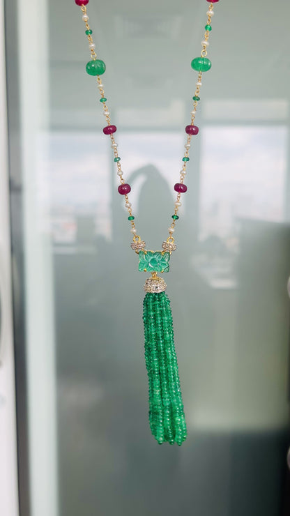 Emerald, Ruby & Diamond Beaded Tassel Necklace - 14K Gold Jewelry