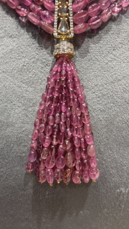 14K Gold Pink Tourmaline & Diamond Beaded Tassel Necklace