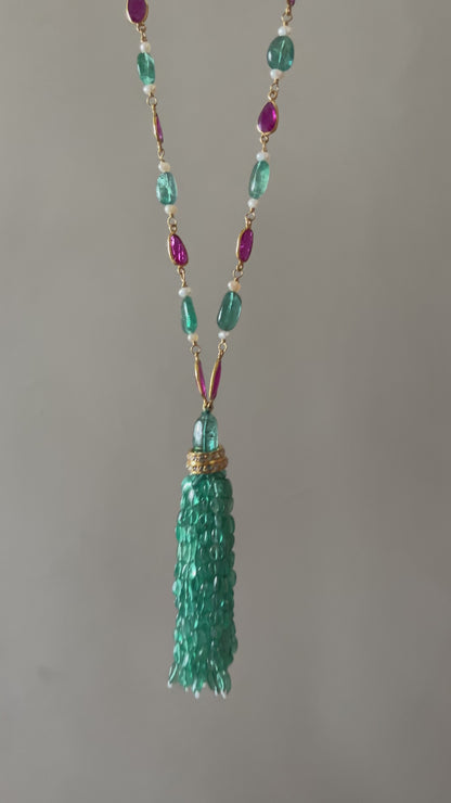 14k Gold Natural Zambian Emerald, Ruby & Rose Cut Diamond Boho Victorian Beaded Tassel Necklace